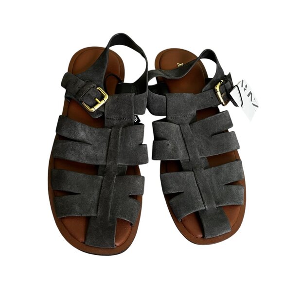 ZARA Suede Fisherman Sandals Gray Size 9 Leather Buckle Strap Flat NWT - Picture 5 of 7
